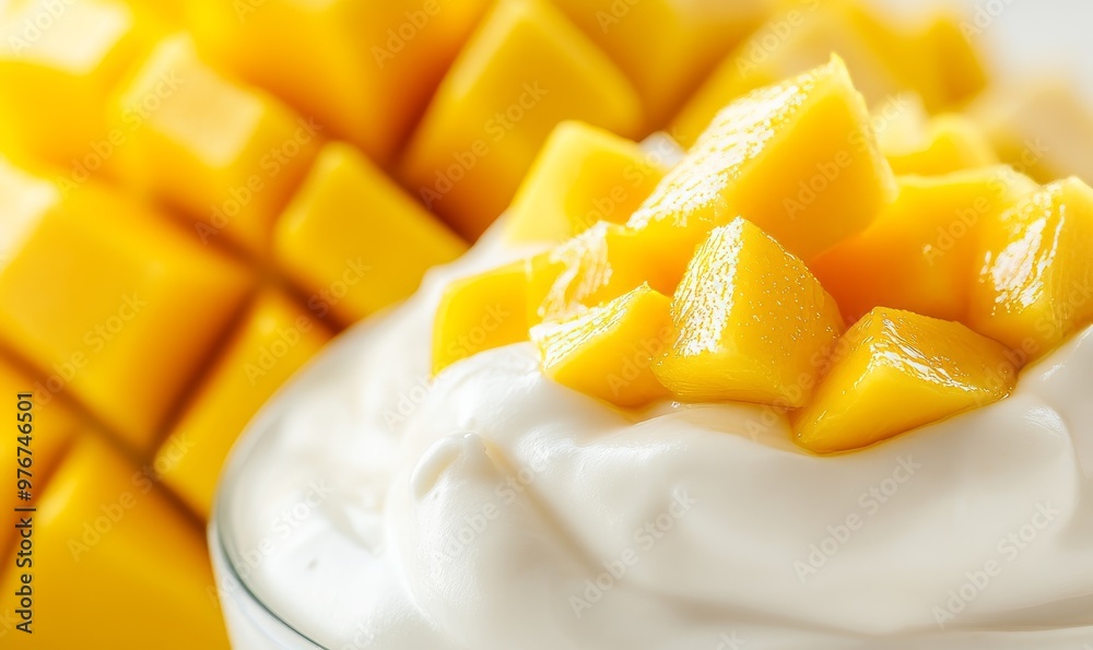 Creamy Yogurt Topped With Fresh Mango Cubes on a Bright, Sunny Day Creamy Yogurt Topped With Fresh Mango Cubes on a Bright, Sunny Day