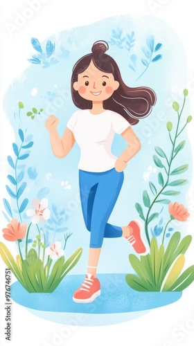 A cheerful girl jogs through a vibrant garden, embodying joy and fitness in a colorful illustration.