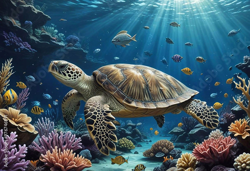 Illustration of the marine underwater world, coral reefs, fish and turtle close-up