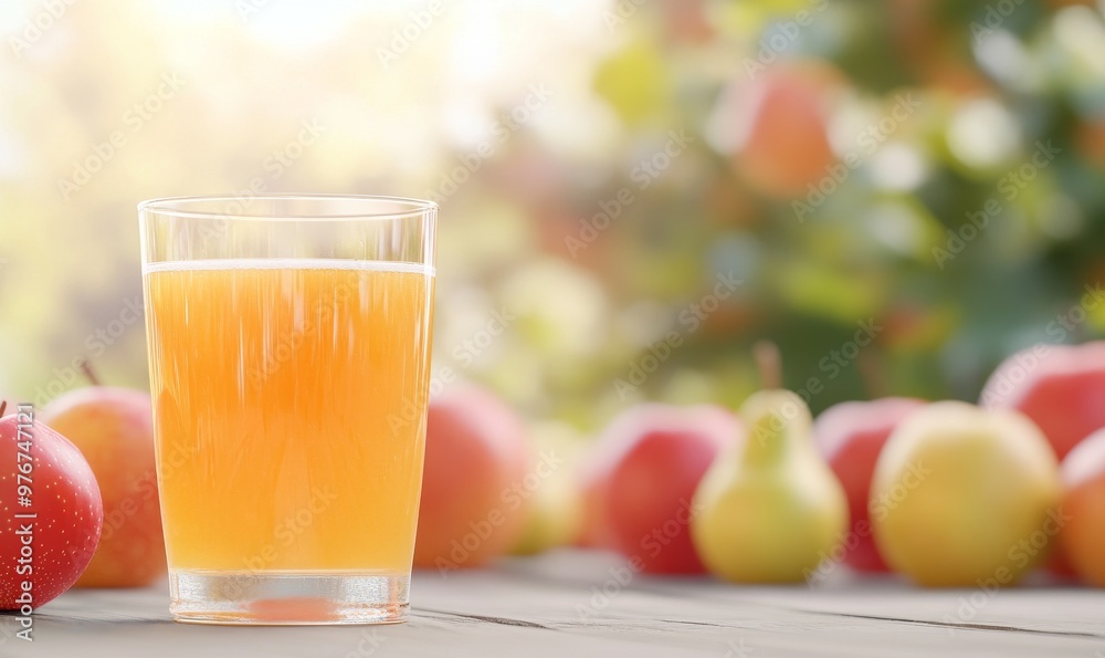 Fresh Juice on a Wooden Table With Red Apples and Yellow Pears in Autumn Sunlight Fresh Juice on a Wooden Table With Red Apples and Yellow Pears in Autumn Sunlight
