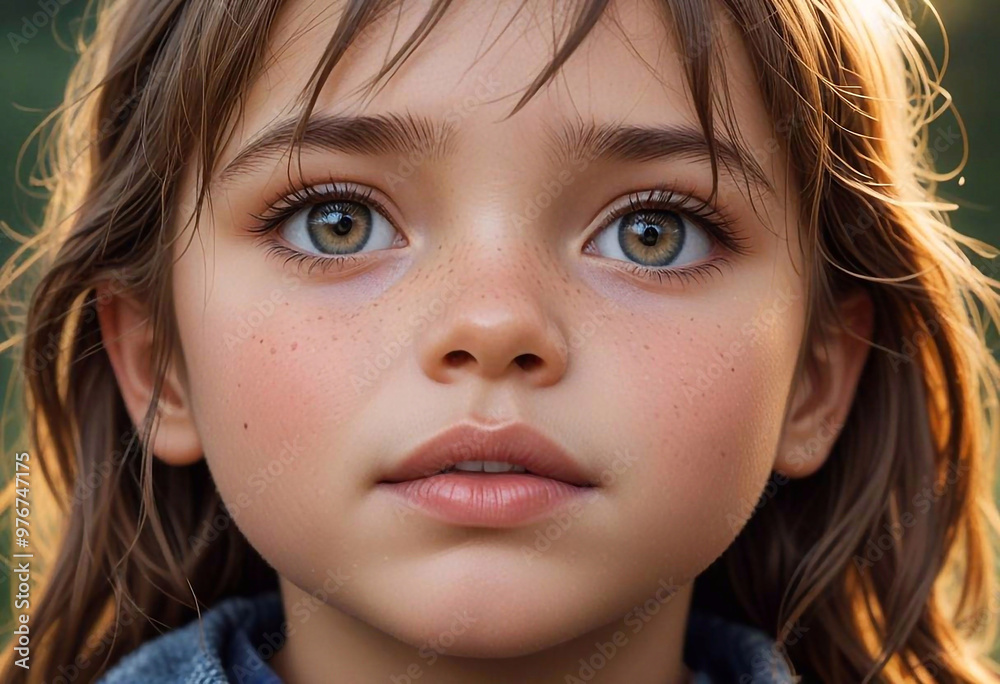 Beautiful child face with dreamy and curious look close up Beautiful child face with dreamy and curious look close up