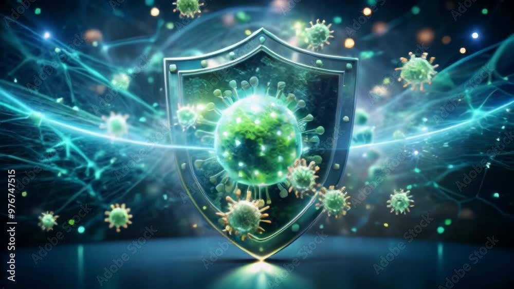 Digital shield video protecting the immune system from viruses and bacteria, health concept  