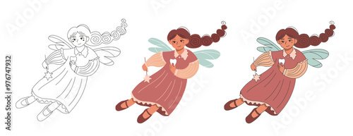 Set of vector flying tooth fairies - outline, flat and line art style. Cute cartoon characters for children coloring book. Nice fantasy elf girls with a wings isolated on a white background.