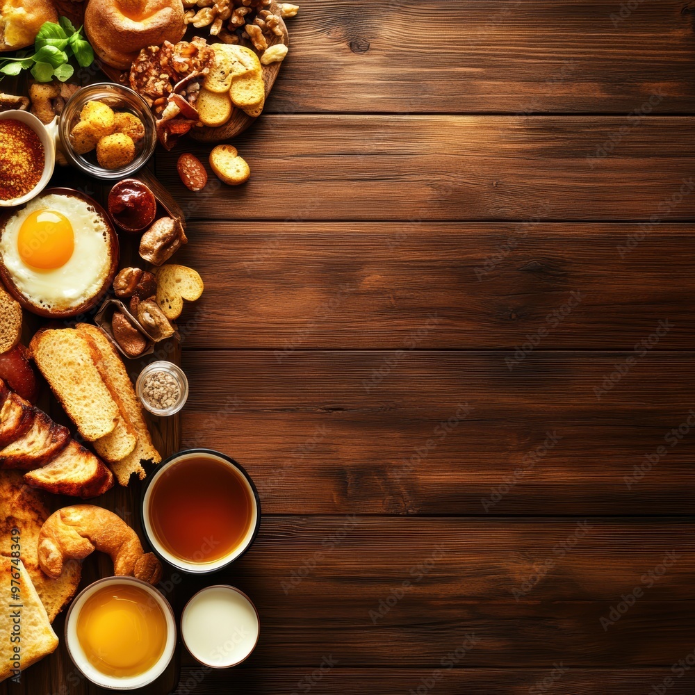 A delicious spread of breakfast items on a wooden table, featuring bread, eggs, nuts, and beverages. Perfect for food lovers. A delicious spread of breakfast items on a wooden table, featuring bread, eggs, nuts, and beverages. Perfect for food lovers.