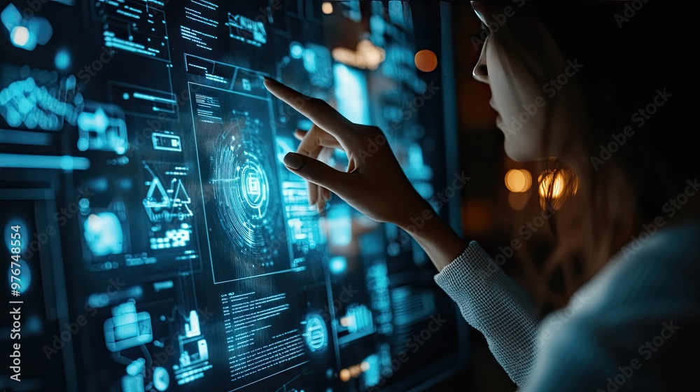 A woman's hand points to a large screen filled with data and graphs. The photo can be used to illustrate the concepts of big data, technology, and analytics.
