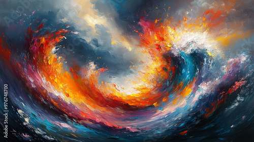 A vibrant abstract painting capturing the dynamic energy of waves, infused with colors of sunset and stormy skies.