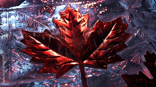 A Canadian flag made from ice, intricately carved and displayed in an ice sculpture exhibition, with subtle lighting highlighting the frozen details. photo