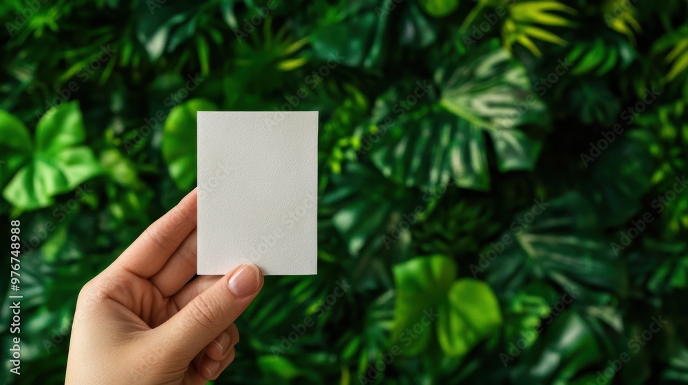 A hand holds a blank card in front of a lush green foliage background, perfect for branding or personal messages. A hand holds a blank card in front of a lush green foliage background, perfect for branding or personal messages.