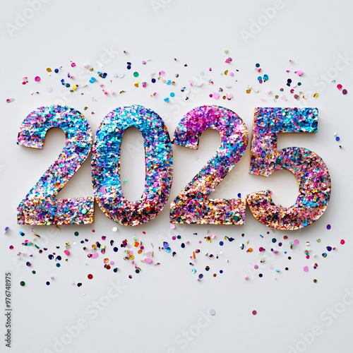 A colorful and glittery font that spells out the new year 2025