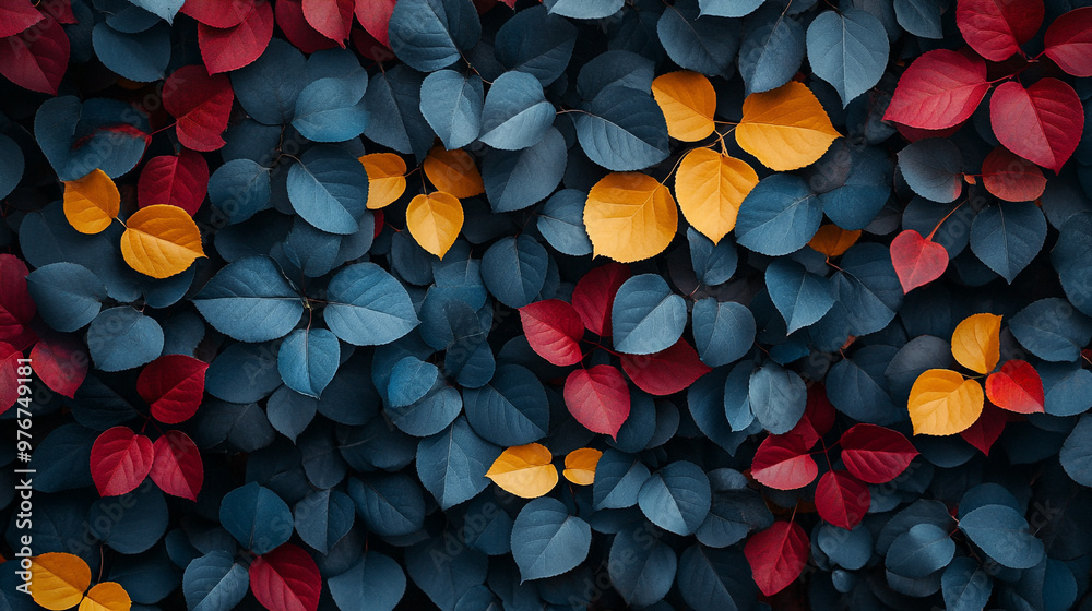 A vibrant tapestry of leaves in varying shades of red, blue, and yellow, showcasing nature's artistry and color diversity. A vibrant tapestry of leaves in varying shades of red, blue, and yellow, showcasing nature's artistry and color diversity.