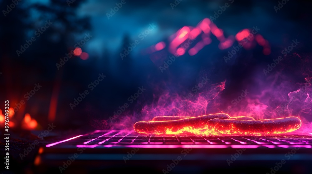 Fototapeta premium Futuristic BBQ setup with a holographic grill, glowing sausages and vegetables, smoke trails forming digital patterns, scenic mountain view with neon-lit peaks, cyberpunk style