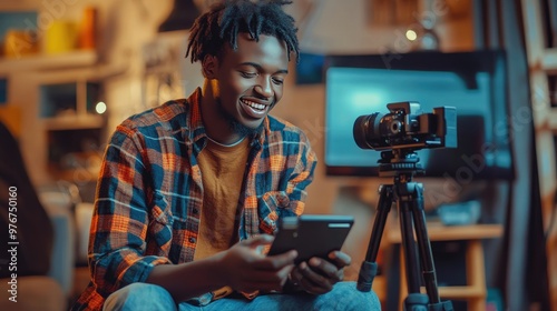 Man smiling and reviewing video footage. Perfect for articles about filmmaking, content creation, and media.