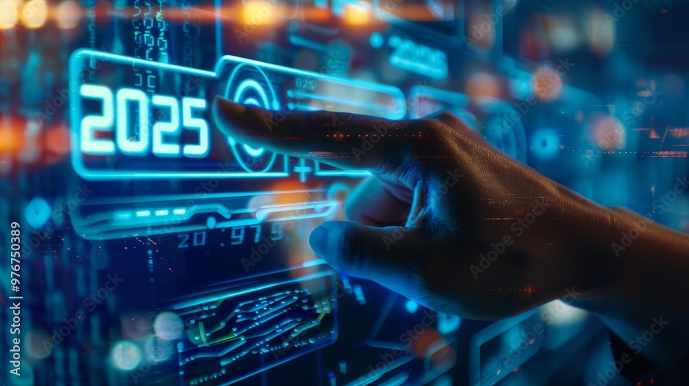 Embracing 2025 a hand engaging with an innovative digital interface representing future technology Embracing 2025 a hand engaging with an innovative digital interface representing future technology