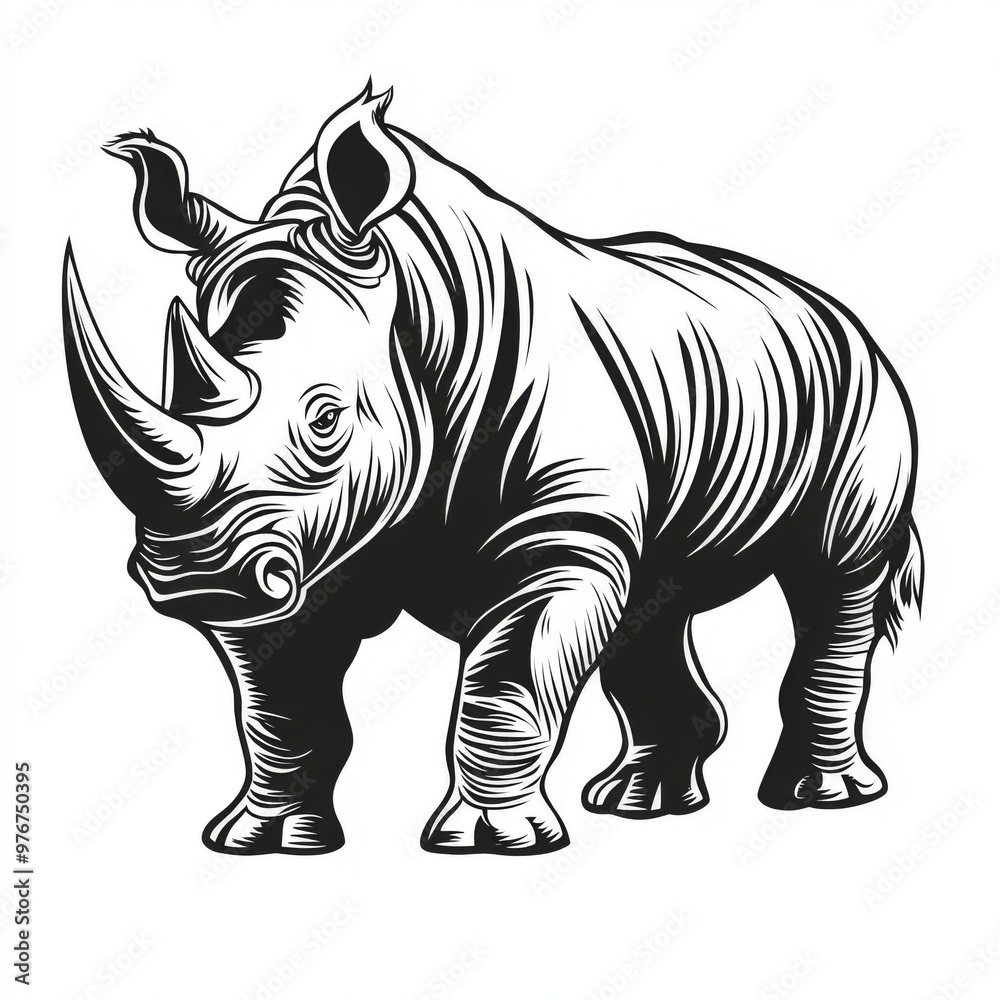 Fototapeta premium Black and white illustration of a rhinoceros.