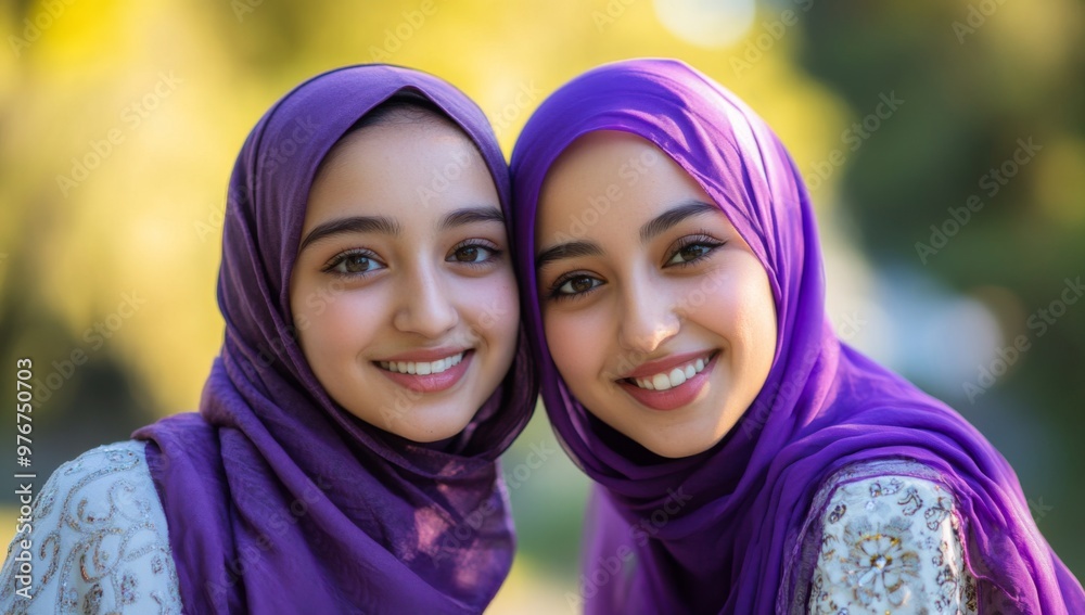 portrait of two young, smiling women in hijabs, posing for the camera in the park portrait of two young, smiling women in hijabs, posing for the camera in the park