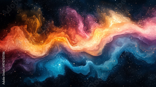 Vibrant cosmic swirl blending orange, pink, and blue hues, creating a stunning abstract representation of space and energy.