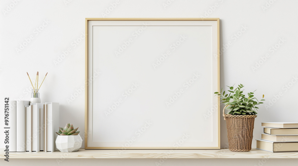 Home interior poster mock up with horizontal metal frame, succulents in basket and pile of books on white wall background. 3D rendering. Home interior poster mock up with horizontal metal frame, succulents in basket and pile of books on white wall background. 3D rendering.
