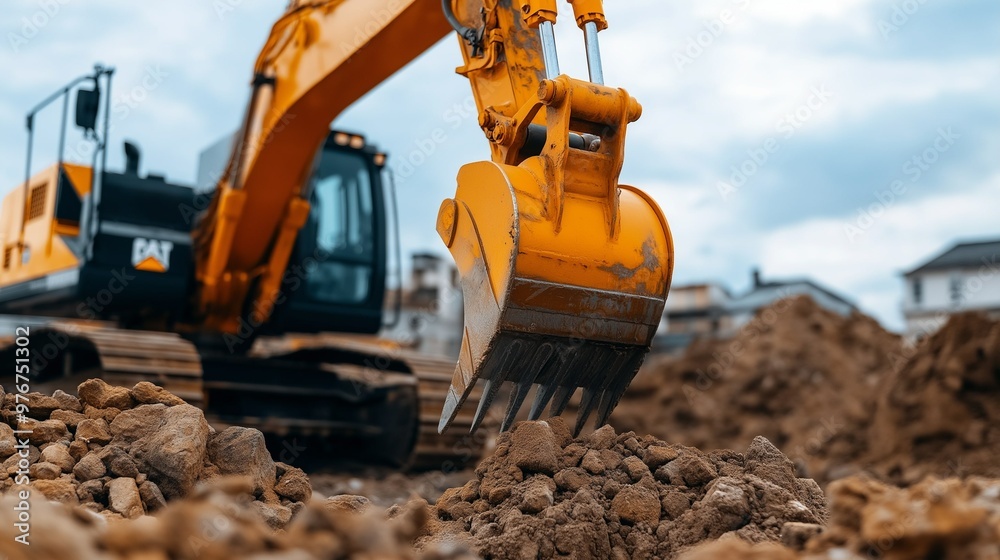 A crawler excavator is working on a construction site. Construction equipment. Digging trenches and ditches by machine A crawler excavator is working on a construction site. Construction equipment. Digging trenches and ditches by machine