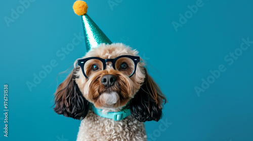 Cute dog wearing party hat and glasses .