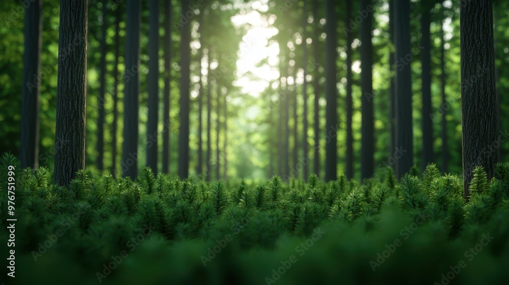 Fototapeta premium A serene forest scene with lush greenery and sunlight filtering through tall trees, creating a peaceful atmosphere.