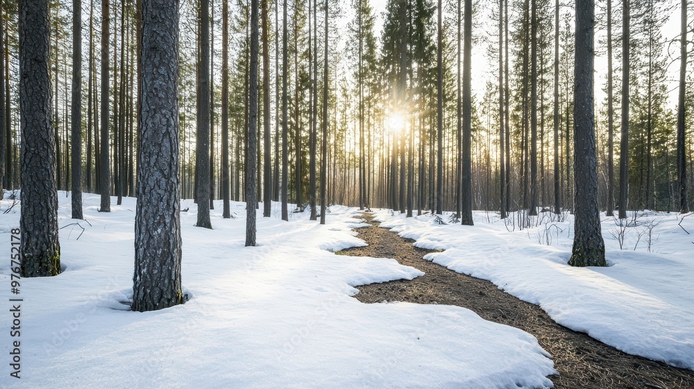 A serene snow-covered path meanders through a dense forest of towering trees, illuminated by the soft glow of the sun. A serene snow-covered path meanders through a dense forest of towering trees, illuminated by the soft glow of the sun.