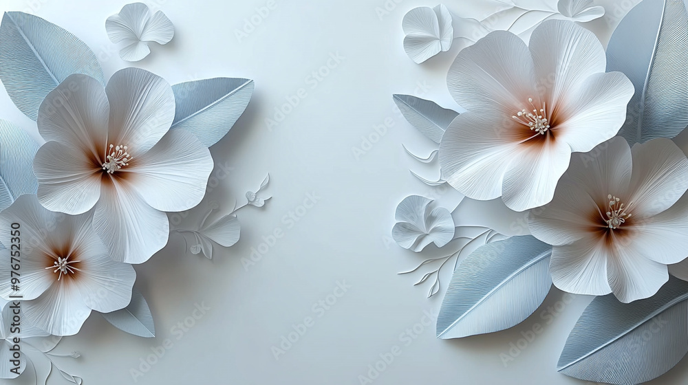 Fototapeta premium Stunning paper flowers in soft white and blue hues, creating an elegant and serene floral arrangement for decoration or design.
