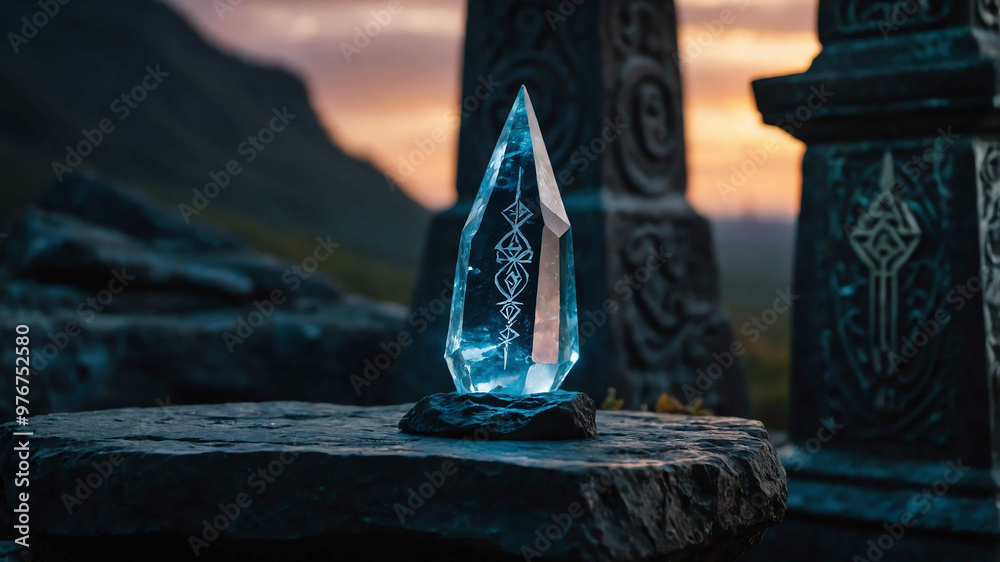 Crystal dagger resting on a stone pedestal with glowing runes Crystal dagger resting on a stone pedestal with glowing runes