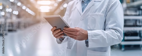 A professional in a lab coat examines data on a tablet in a modern industrial environment, showcasing innovation and technology.