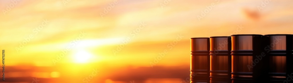Fototapeta premium A stunning sunset view with silhouettes of barrels against a vibrant sky, perfect for energy and industrial themes.
