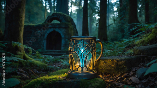 Enchanted chalice glowing faintly near a stone ruin in the woods photo