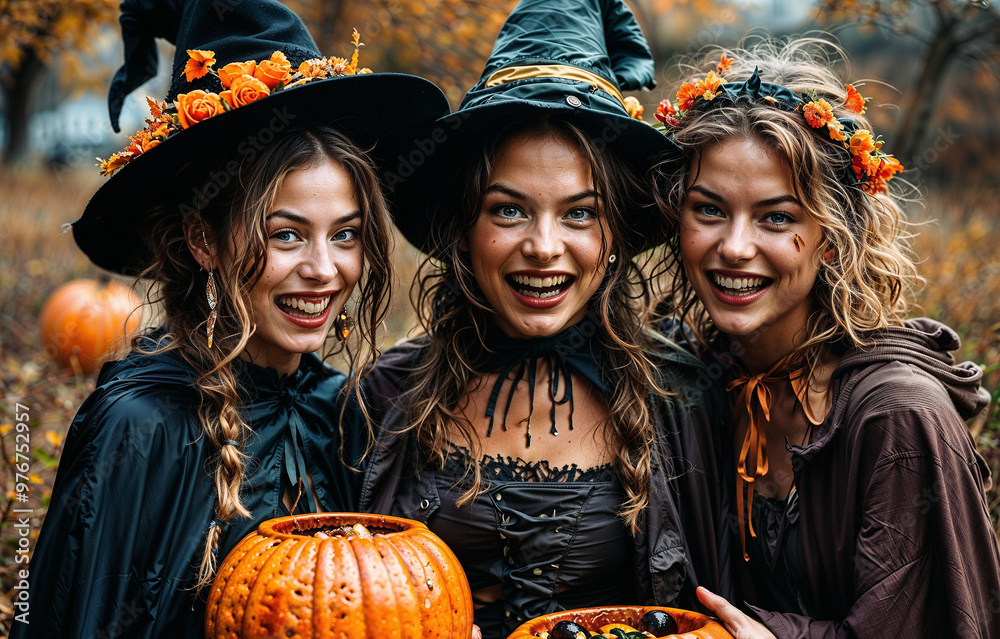 Three young beautiful women in witch costumes with pumpkins on Halloween. Three young beautiful women in witch costumes with pumpkins on Halloween.