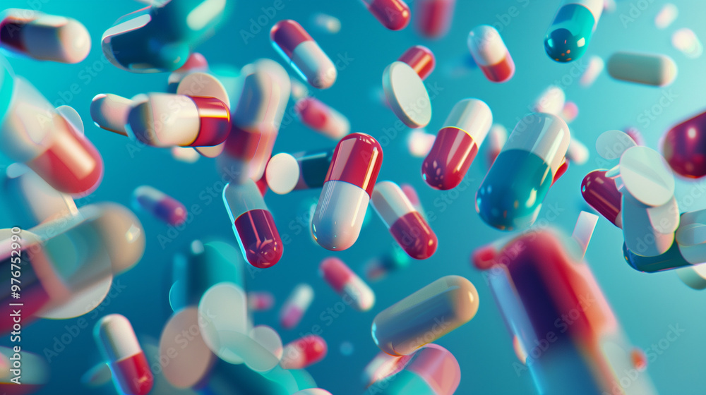 A group of antibiotic pill capsules falling. Healthcare and medical 3D illustration background. A group of antibiotic pill capsules falling. Healthcare and medical 3D illustration background.