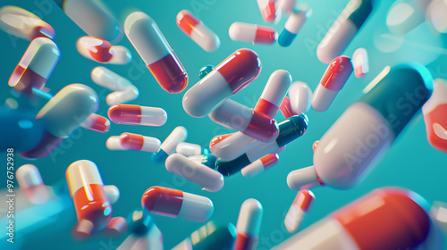 A group of antibiotic pill capsules falling. Healthcare and medical 3D illustration background.