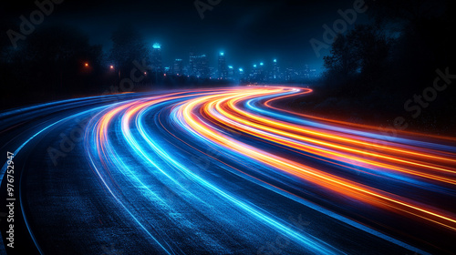 A mesmerizing night scene showcasing colorful light trails on a winding road, highlighting speed and dynamic motion.