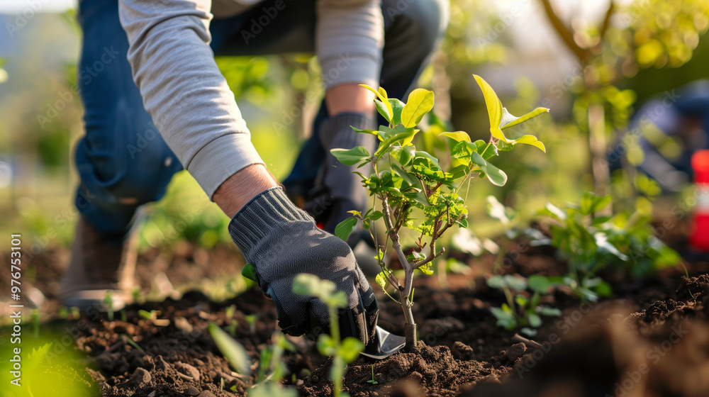 Fototapeta premium Person planting trees or working in community garden promoting local food production and habitat restoration, concept of Sustainability and Community Engagement.
