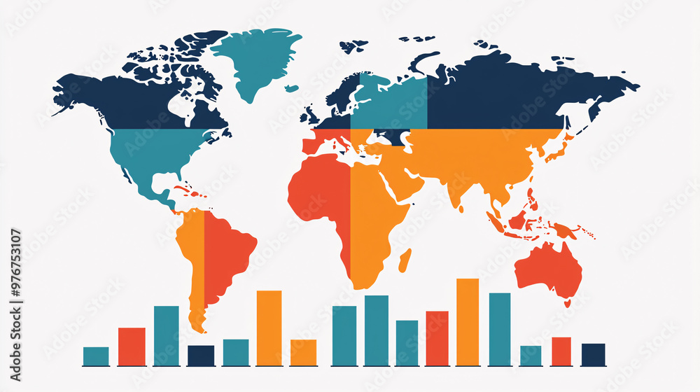 Obraz premium world map design with bar chart elements, representing global data visualization and analytics.