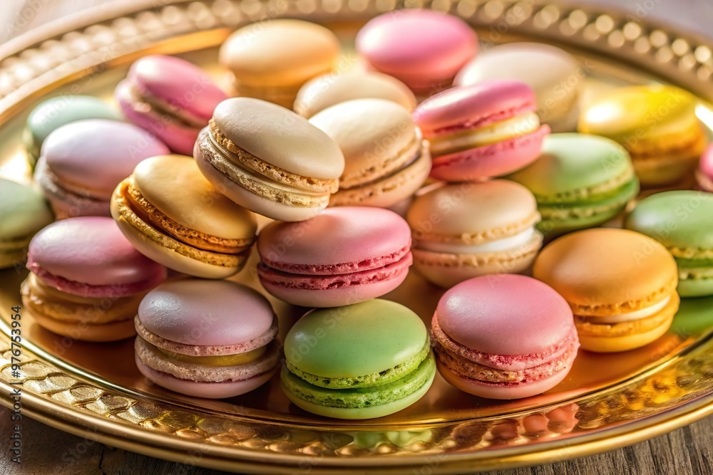 Colorful macaron cake arranged on gold plate
Colorful macaron cake arranged on gold plate