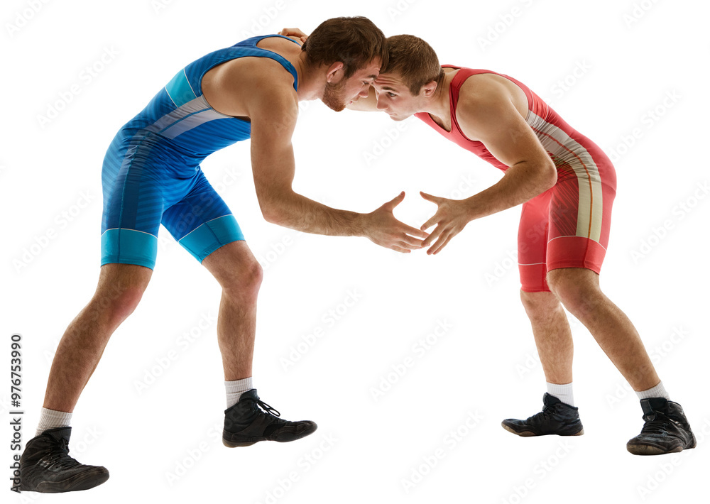 Young athlete man, wrestlers in blue and red uniform hand wrestling in neutral position on their feet against transparent background. Concept of sport, mixed martial arts, active lifestyle, movement. Young athlete man, wrestlers in blue and red uniform hand wrestling in neutral position on their feet against transparent background. Concept of sport, mixed martial arts, active lifestyle, movement.