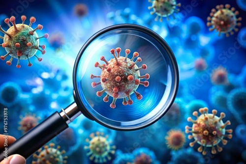 hand hold magnifier on virus. Disease research concept
