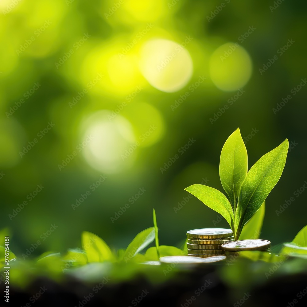 Fototapeta premium A vibrant close-up of green leaves growing from coins, symbolizing growth and sustainable investment in a lush, blurred background.