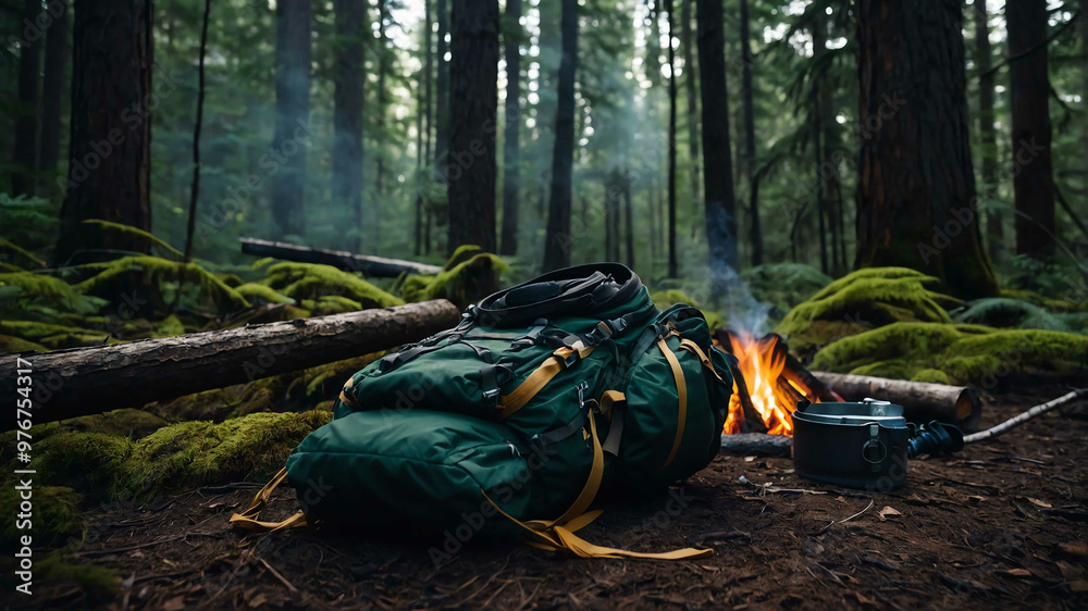 Hiking gear spread out near a campfire in a dense forest Hiking gear spread out near a campfire in a dense forest