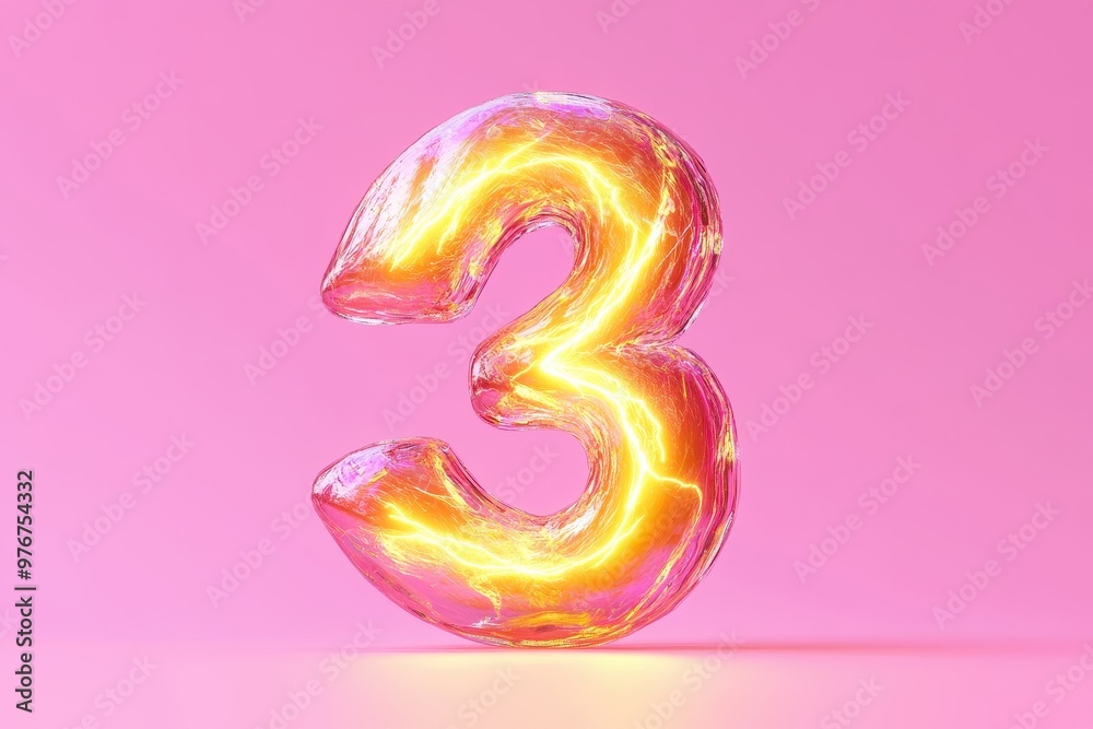 Naklejka premium A glowing number 3 is floating in the air on a pink background