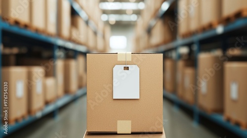 Wallpaper Mural A cardboard box with blank tag is prominently displayed in warehouse filled with shelves of stacked boxes, emphasizing organization and quality control Torontodigital.ca