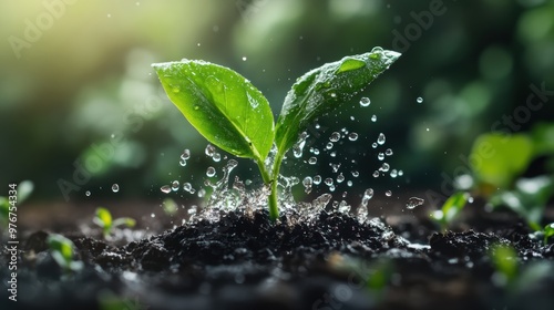 A vibrant green plant emerges from rich soil, glistening with droplets of water in the sunlight, symbolizing growth and renewal.