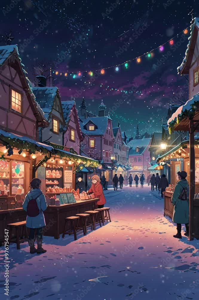 A festive Christmas market with a snowy street, twinkling lights, and a starry night sky. People are walking around, shopping at the stalls. A festive Christmas market with a snowy street, twinkling lights, and a starry night sky. People are walking around, shopping at the stalls.