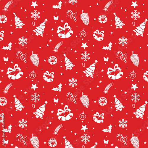 Seamless Christmas Pattern filled with xmas decorations and icons on red background. For backgrounds, wrapping papers, prints, artworks.