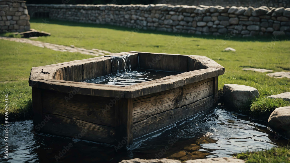 Medieval wooden trough filled with water beside a stone wall Medieval wooden trough filled with water beside a stone wall
