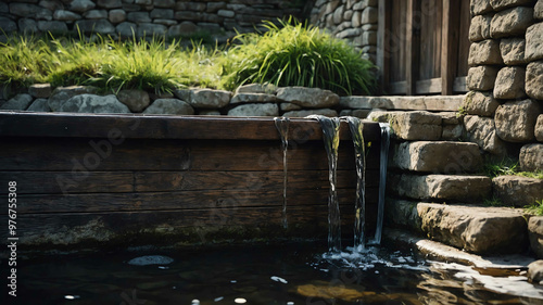 Medieval wooden trough filled with water beside a stone wall