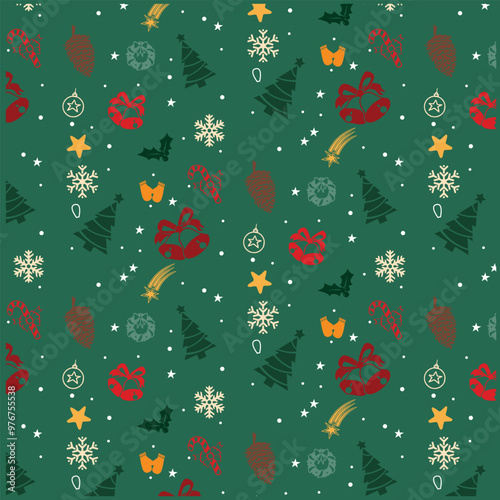 Seamless Christmas Pattern filled with xmas decorations and icons on green background. 
