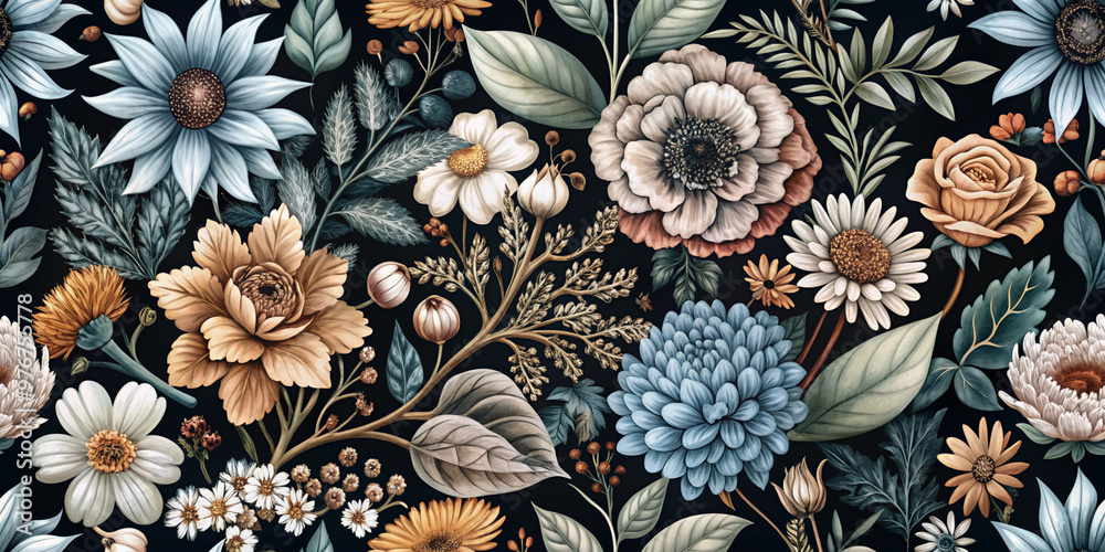 Fototapeta premium A detailed line-art illustration of various botanical flowers in earthy tones, perfect for wallpaper, textiles, or nature-inspired design projects